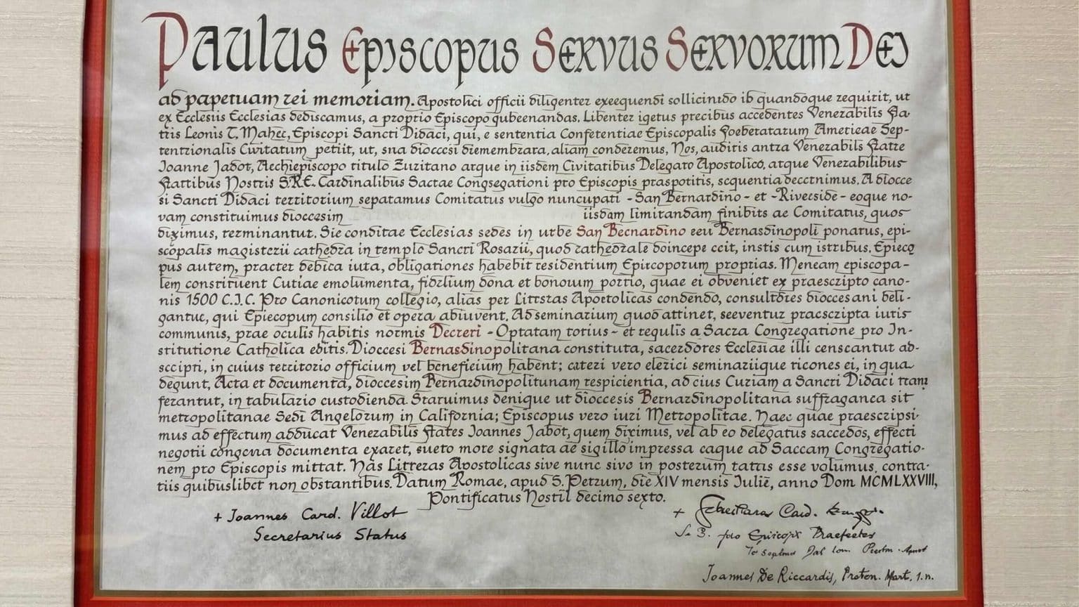 Diocese of San Bernardino Papal Decree
